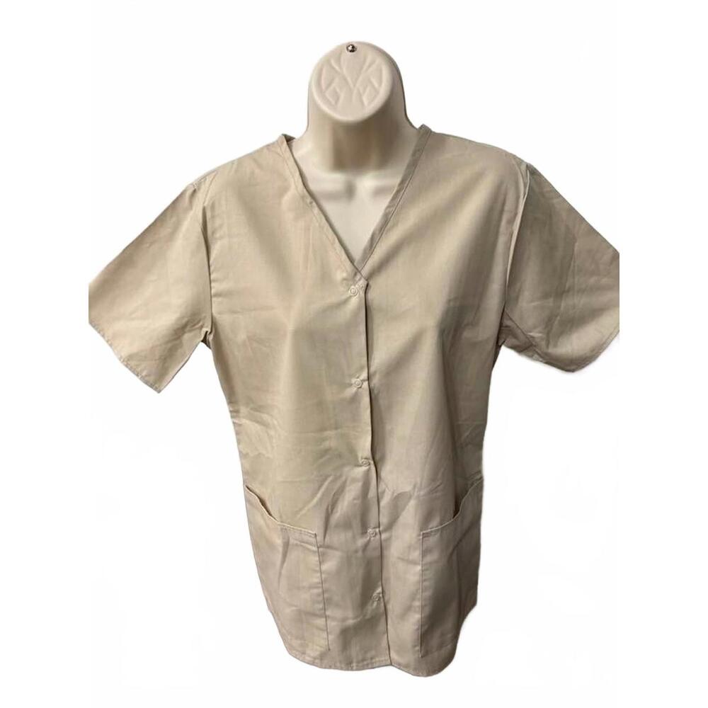 SCRUB WEAR‎ WOMENS SCRUB TOP SMALL  KHAKI  BUTON UP FRONT NEW